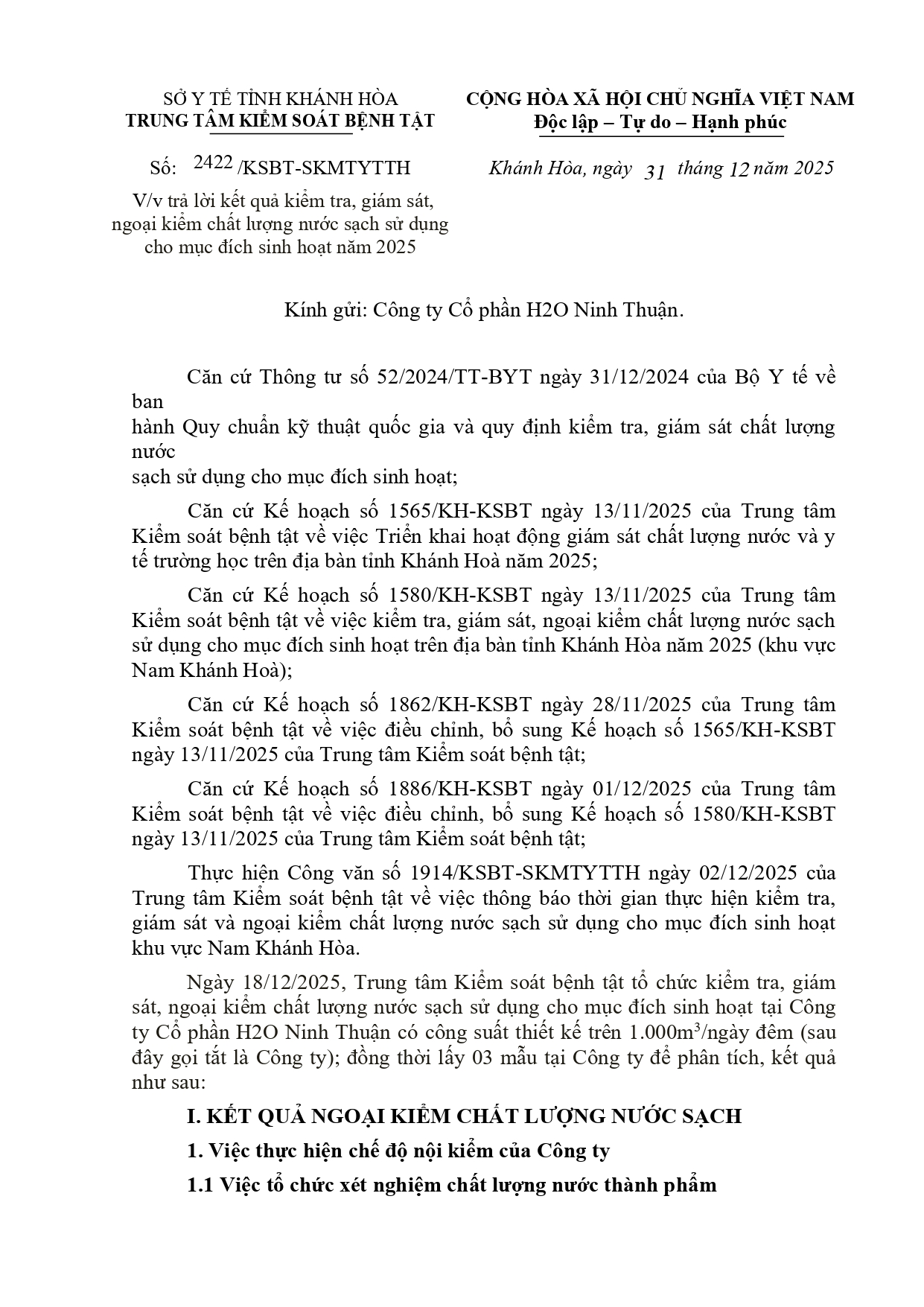 V/v trả lời kết quả kiểm tra, giám sát, ngoại kiểm chất lượng nước sạch sử dụng cho mục đích sinh hoạt năm 2025